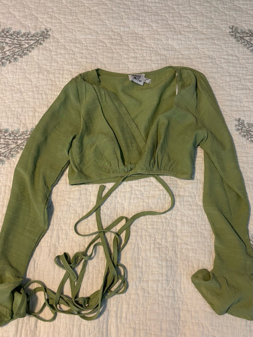 Princess Polly Olive Green Sheer Wrap Crop Top with Ties